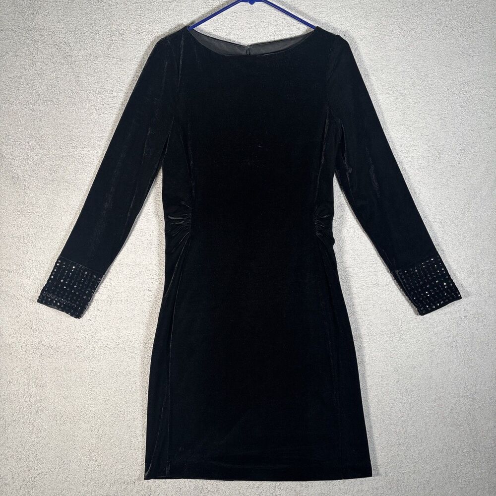 Belle Badgely Mischka Dress Women Size 8 Black Velvet Rhinestone Studs Cuffs LBD